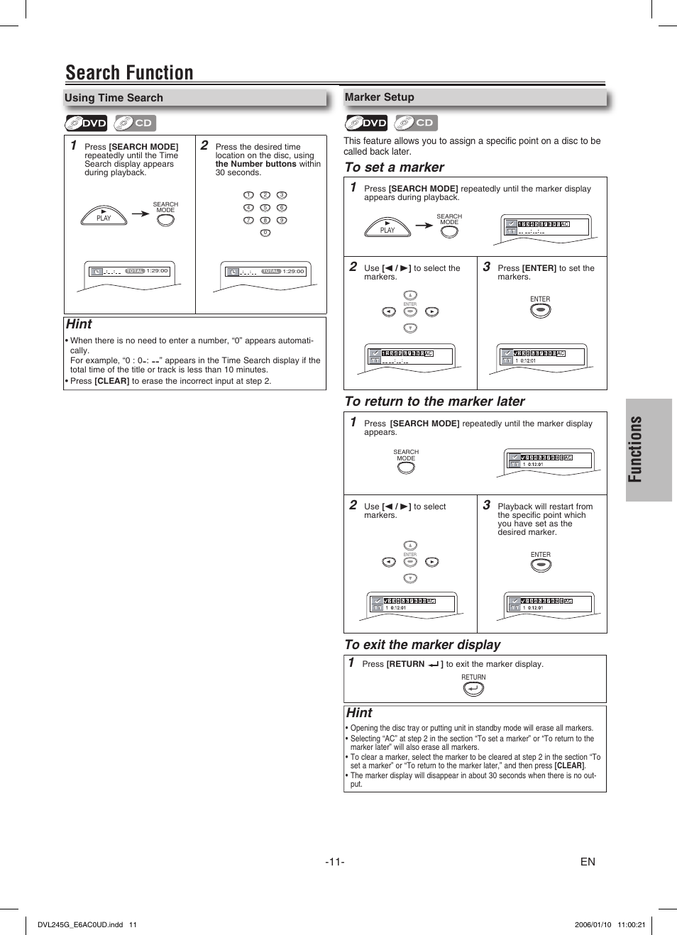 Search function, Functions, Hint | Sylvania DVL245G User Manual | Page 11 / 20