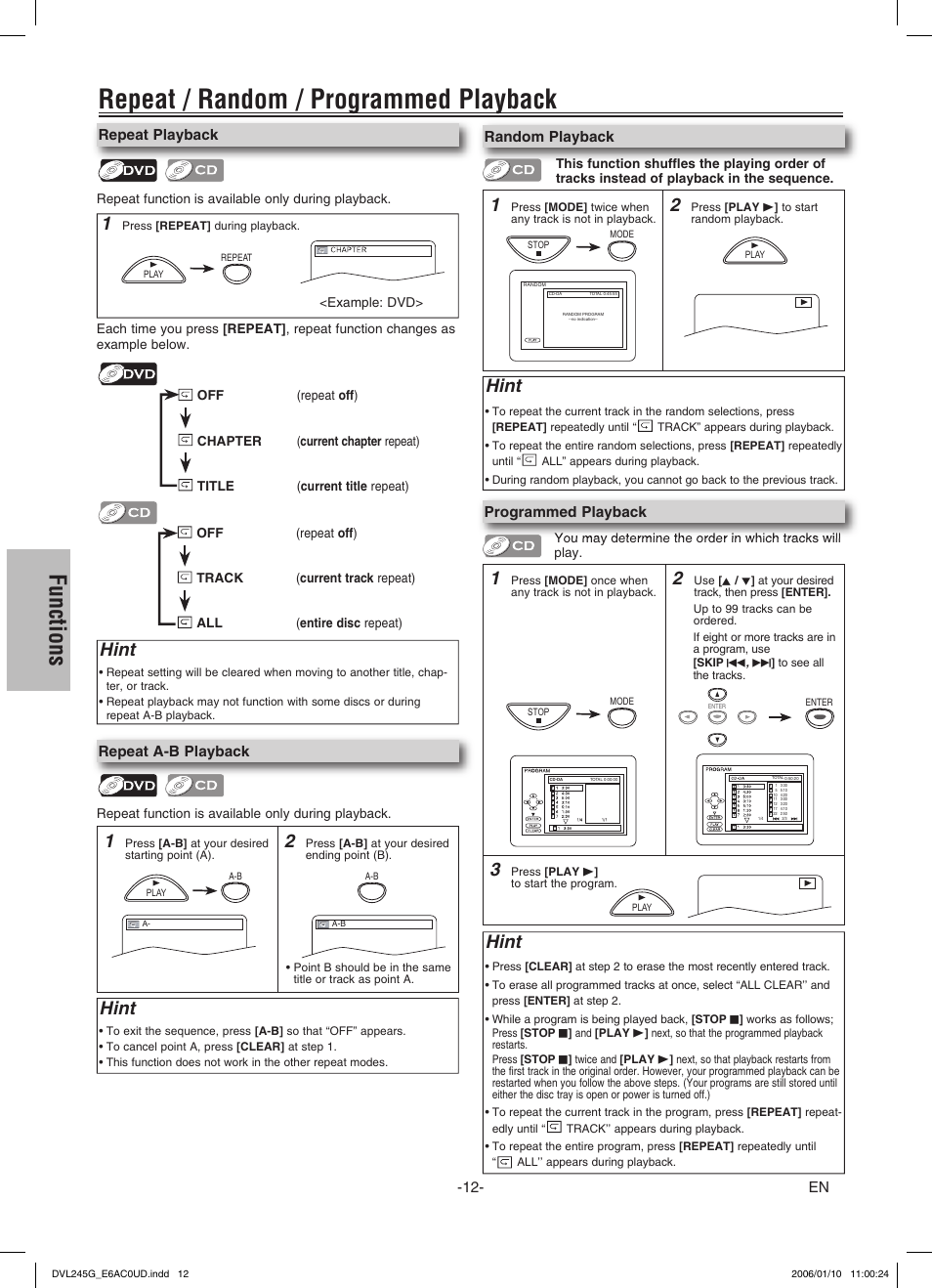 Repeat / random / programmed playback, Functions, Hint | Sylvania DVL245G User Manual | Page 12 / 20