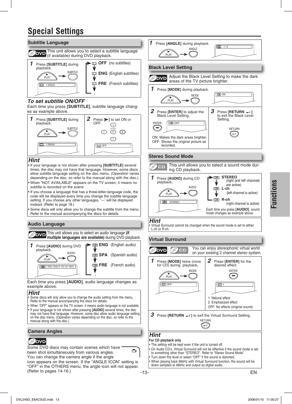 Special settings, Functions, Hint | Sylvania DVL245G User Manual | Page 13 / 20