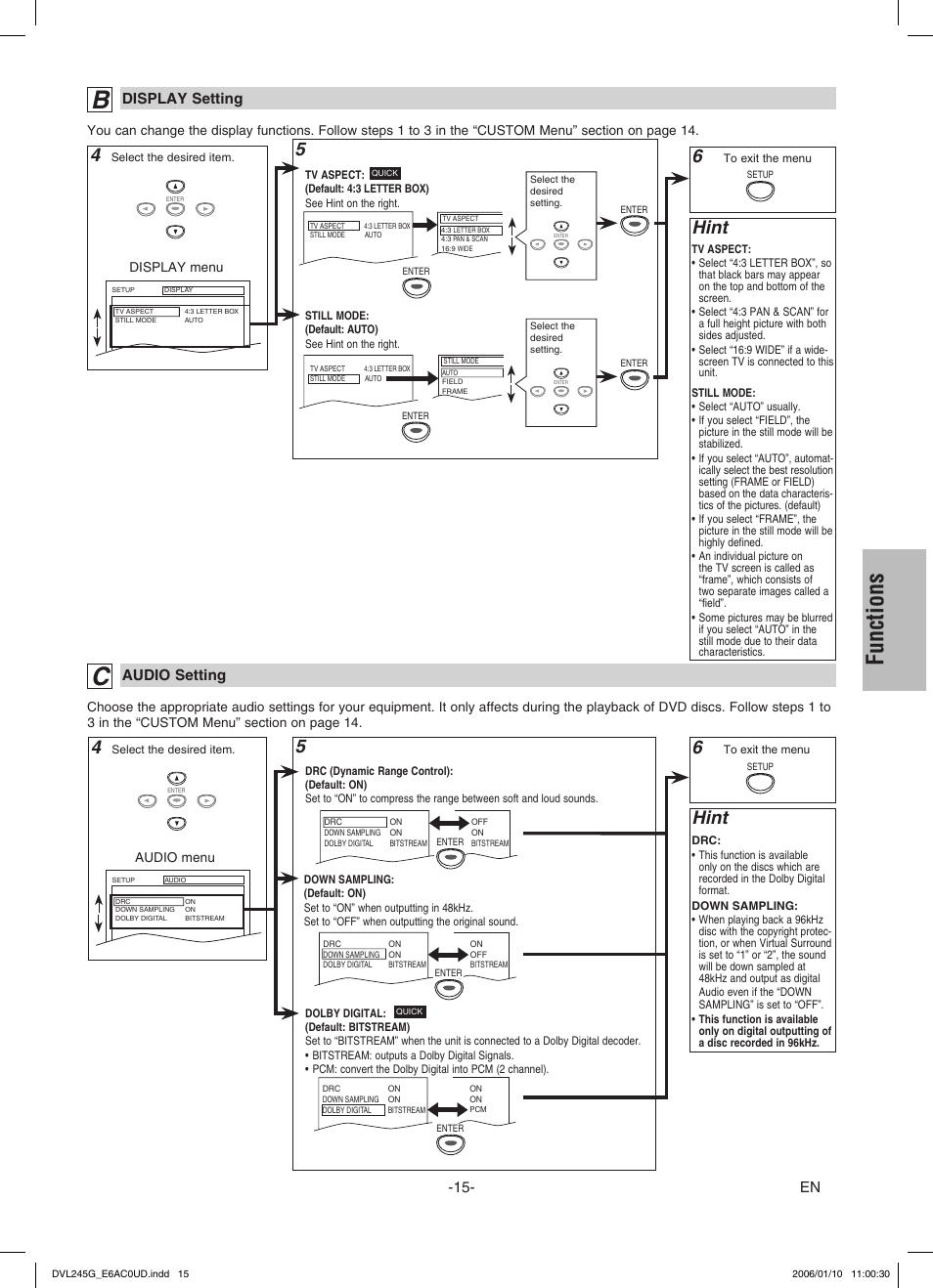 Functions, 5hint, Hint | Display setting, Audio setting | Sylvania DVL245G User Manual | Page 15 / 20