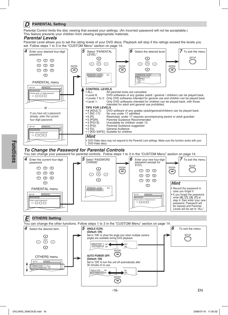 Functions, Hint, Parental levels | Parental setting, Others setting | Sylvania DVL245G User Manual | Page 16 / 20