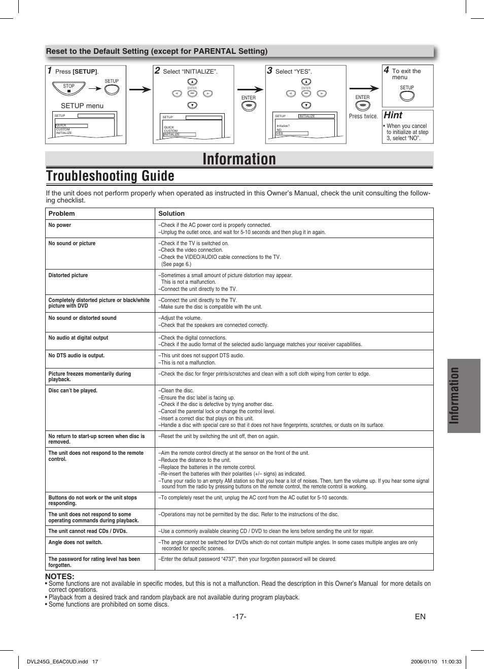 Information, Troubleshooting guide, Hint | Sylvania DVL245G User Manual | Page 17 / 20
