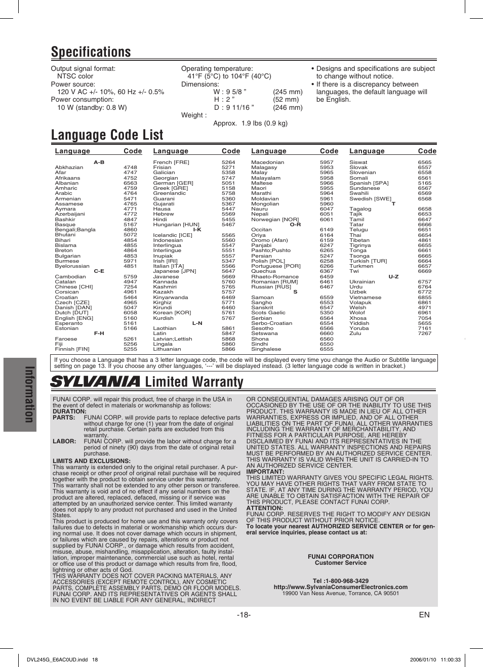 Limited warranty, Language code list, Specifications | Information | Sylvania DVL245G User Manual | Page 18 / 20