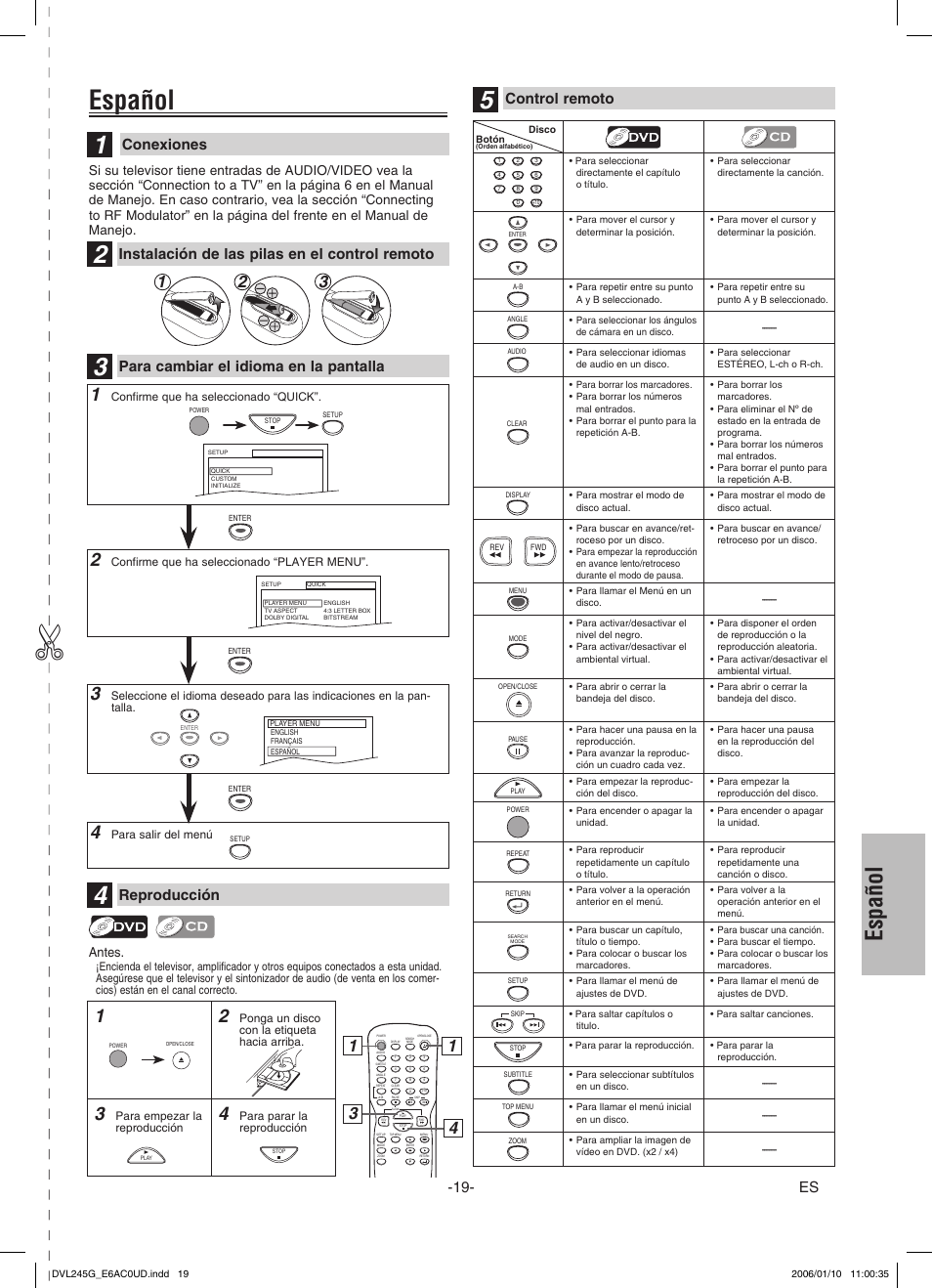 Español, Conexiones, Para cambiar el idioma en la pantalla | Reproducción, Instalación de las pilas en el control remoto, Control remoto | Sylvania DVL245G User Manual | Page 19 / 20