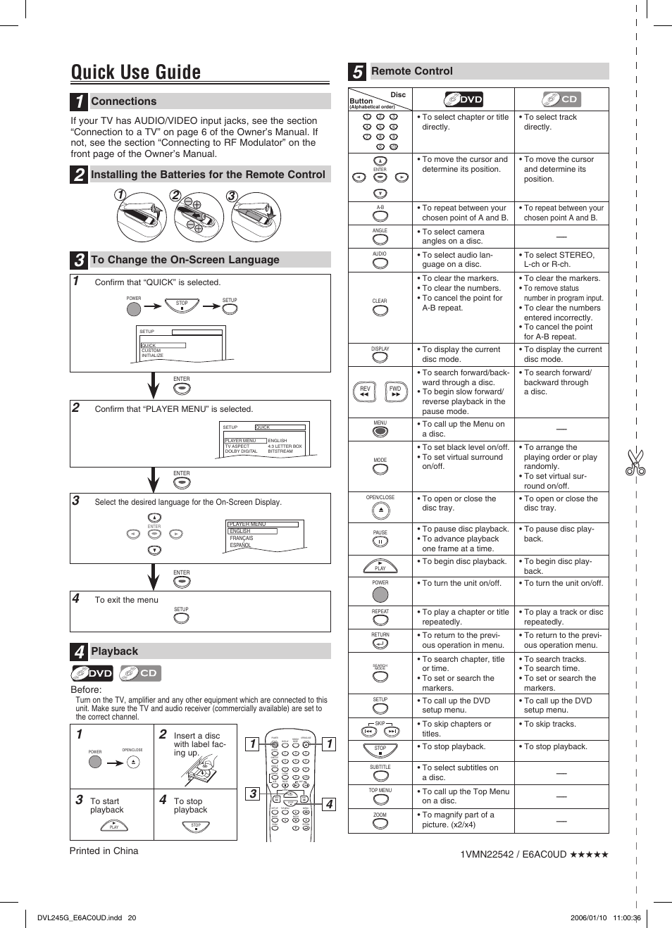 Quick use guide, Connections, Playback | Remote control, Installing the batteries for the remote control | Sylvania DVL245G User Manual | Page 20 / 20