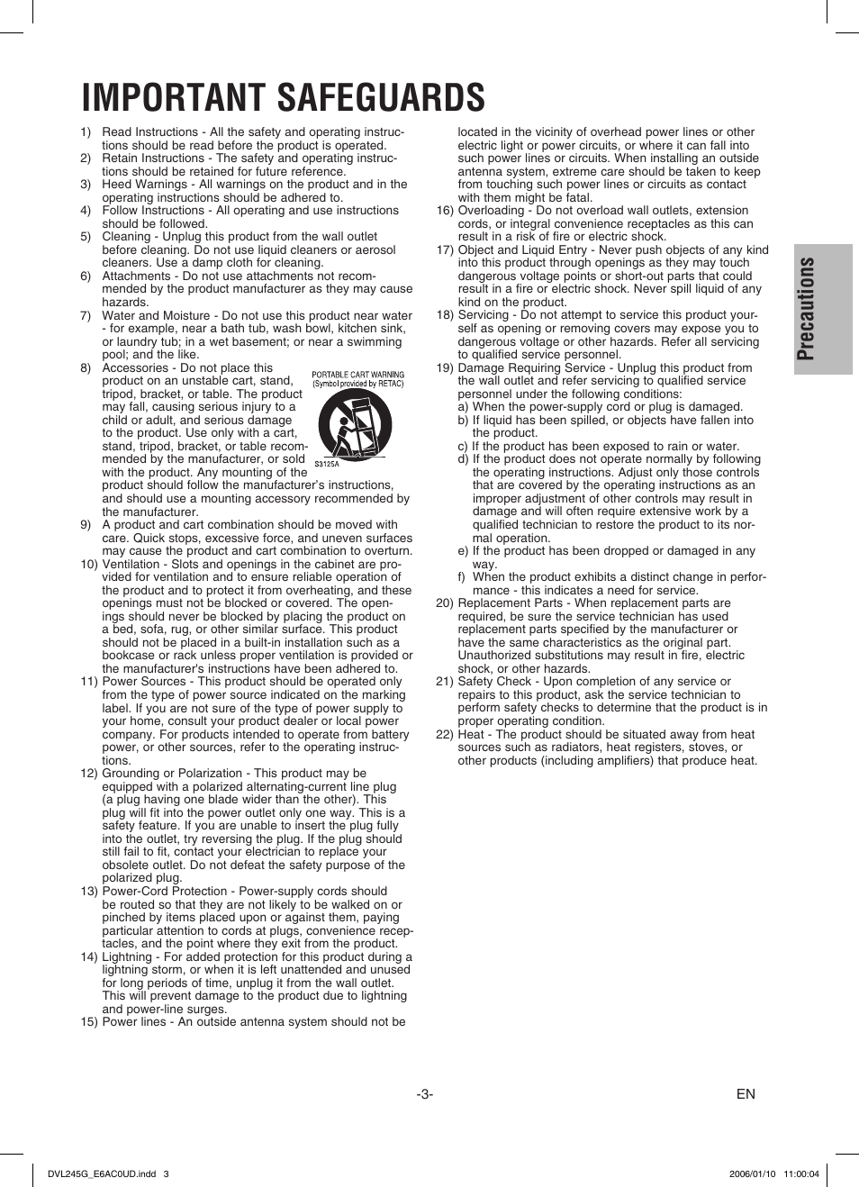 Important safeguards, Precautions | Sylvania DVL245G User Manual | Page 3 / 20