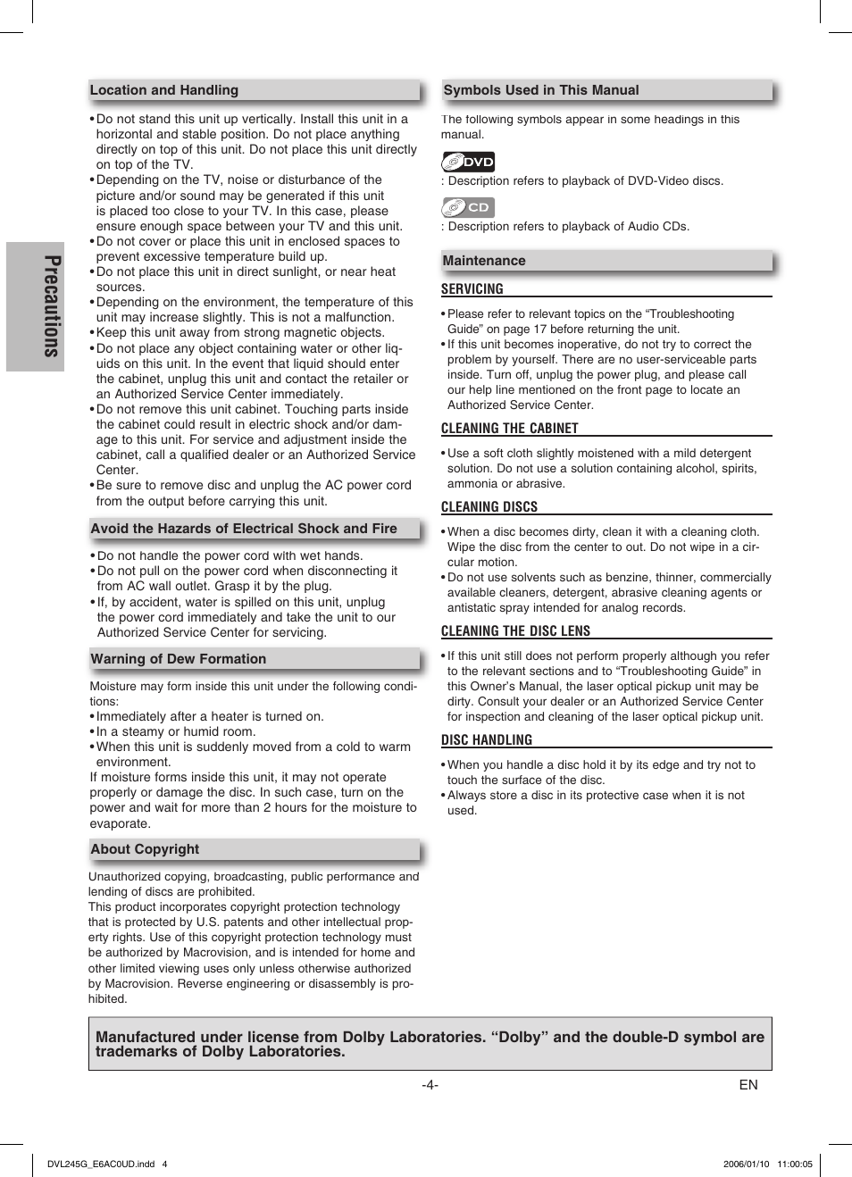 Precautions | Sylvania DVL245G User Manual | Page 4 / 20