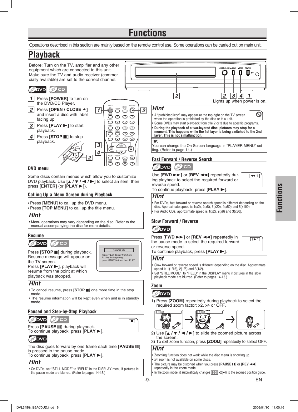 Functions, Playback, Hint | Resume, Slow forward / reverse, Paused and step-by-step playback, Fast forward / reverse search, Dvd menu, Calling up a menu screen during playback, Zoom | Sylvania DVL245G User Manual | Page 9 / 20