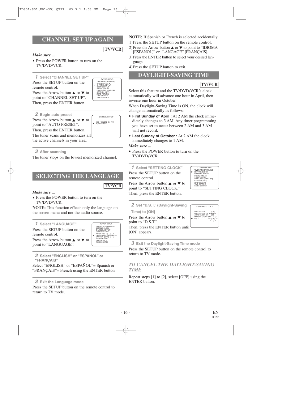 Channel set up again, Selecting the language, Daylight-saving time | Sylvania 6727DD User Manual | Page 16 / 56