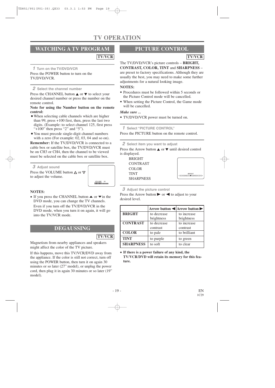 Tv operation, Degaussing, Watching a tv program | Picture control | Sylvania 6727DD User Manual | Page 19 / 56