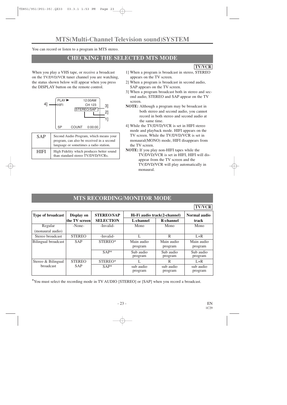 Mts(multi-channel television sound)system, Checking the selected mts mode, Mts recording/monitor mode | Sylvania 6727DD User Manual | Page 23 / 56