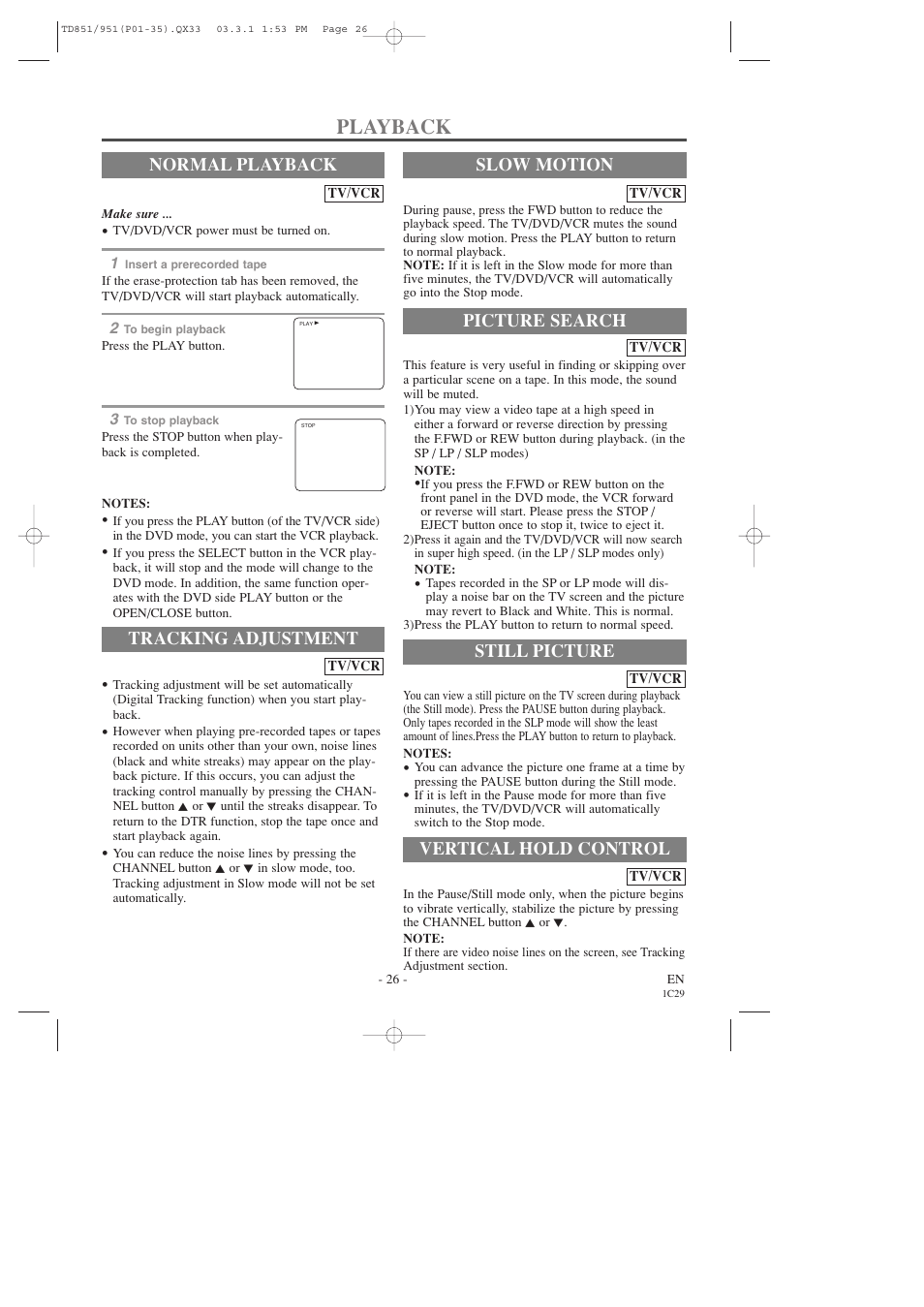 Playback, Normal playback, Tracking adjustment | Picture search, Still picture, Vertical hold control, Slow motion | Sylvania 6727DD User Manual | Page 26 / 56