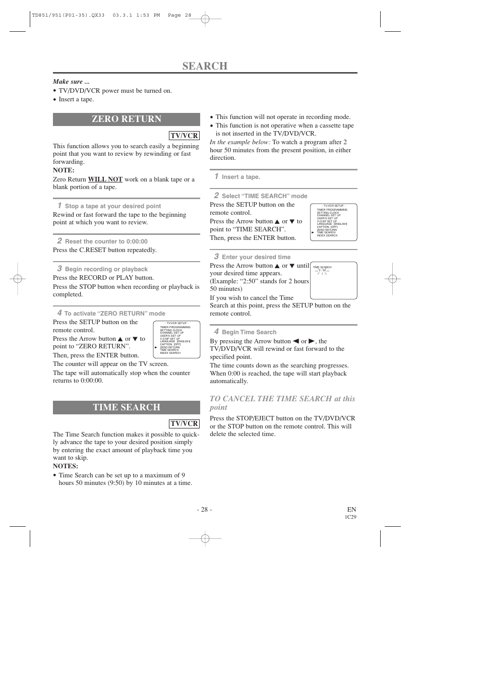 Search, Zero return, Time search | Sylvania 6727DD User Manual | Page 28 / 56