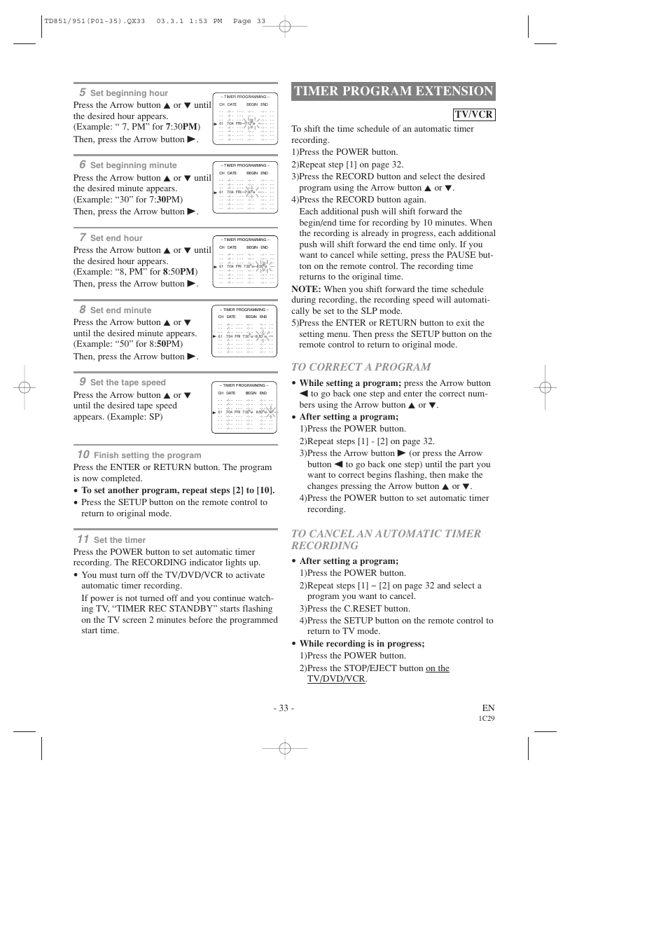 Timer program extension, Tv/vcr, 33 - en | Set beginning hour, Set beginning minute, Set end hour, Set end minute, Set the tape speed, Finish setting the program, Set the timer | Sylvania 6727DD User Manual | Page 33 / 56