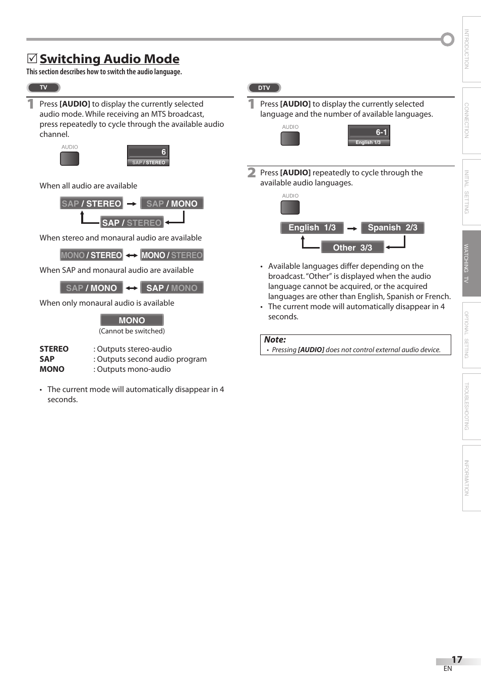 Switching audio mode | Sylvania LC320SL8 User Manual | Page 17 / 36