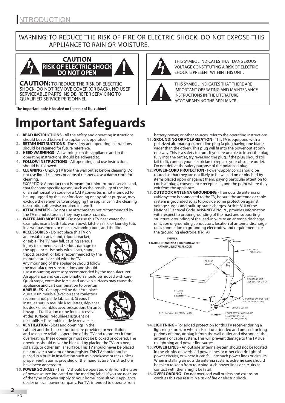 Important safeguards, Ntroduction, Caution | Caution risk of electric shock do not open | Sylvania LC320SL8 User Manual | Page 2 / 36