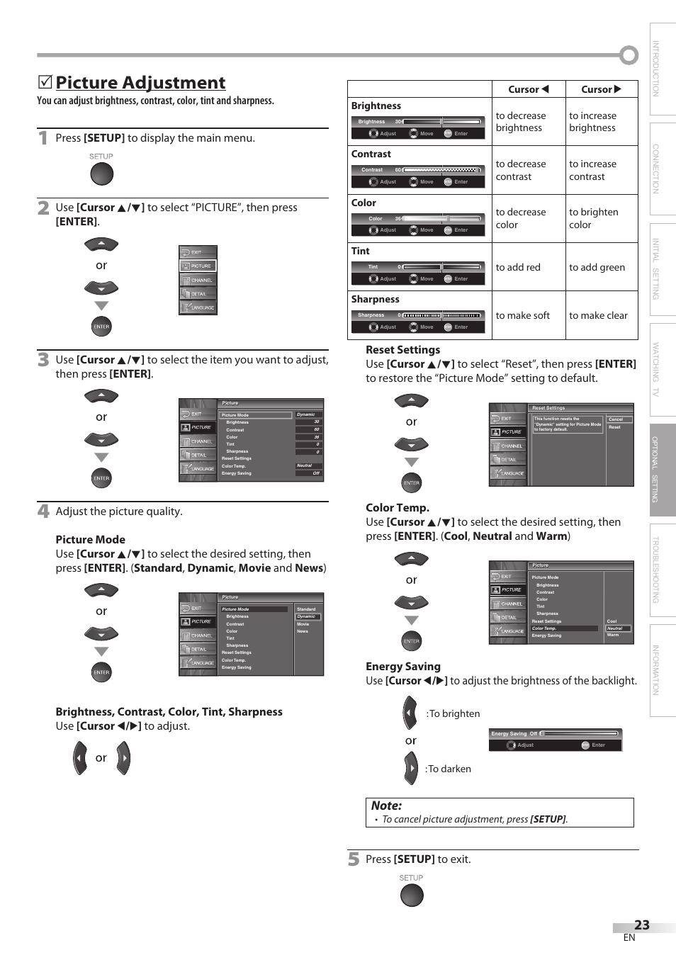 Picture adjustment, Troubleshooting information, Press [setup] to display the main menu | Press [setup] to exit, Optional setting | Sylvania LC320SL8 User Manual | Page 23 / 36