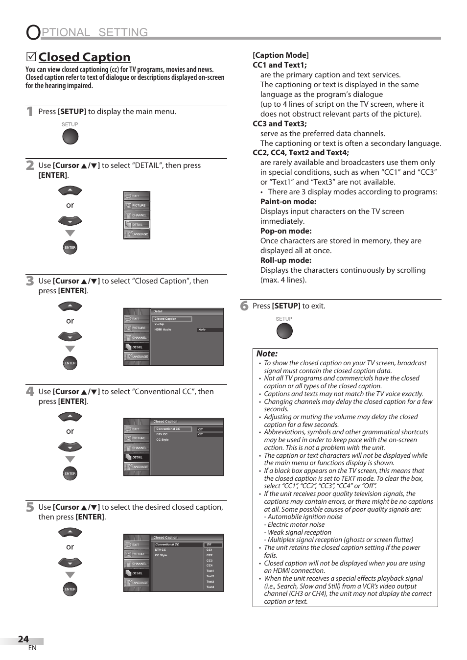 Ptional setting, Closed caption | Sylvania LC320SL8 User Manual | Page 24 / 36