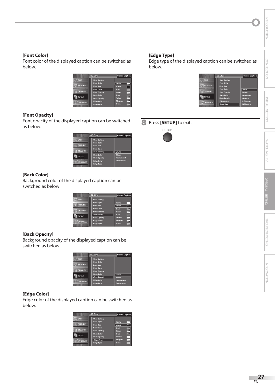 Troubleshooting information, Press [setup] to exit, Optional setting | Sylvania LC320SL8 User Manual | Page 27 / 36