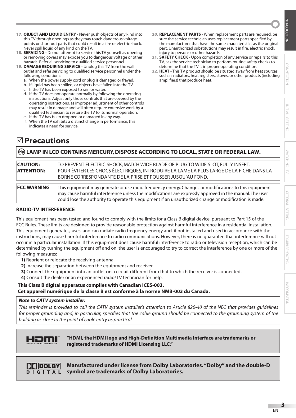 Precautions | Sylvania LC320SL8 User Manual | Page 3 / 36