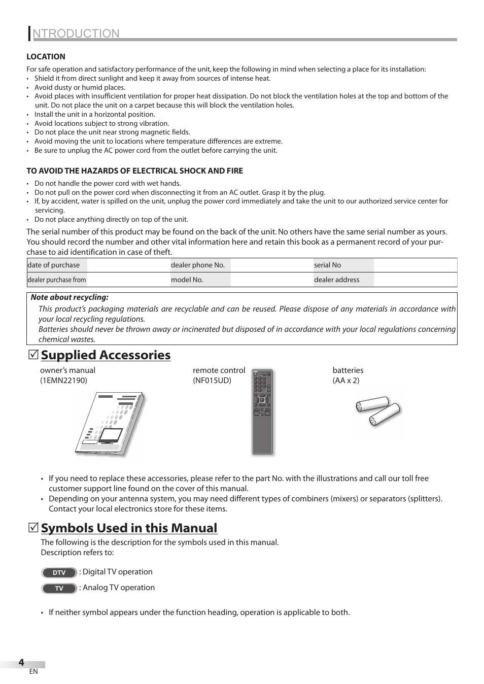 Ntroduction, Symbols used in this manual, Supplied accessories | Sylvania LC320SL8 User Manual | Page 4 / 36