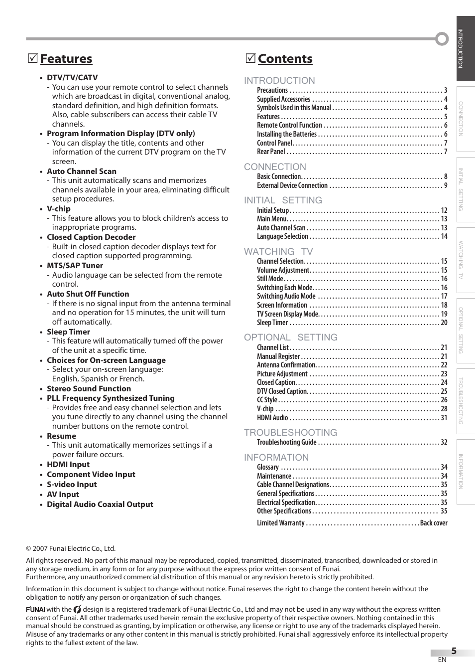 Introduction, Connection, Initial setting | Watching tv, Optional setting, Troubleshooting, Information, Contents 5, Features 5 | Sylvania LC320SL8 User Manual | Page 5 / 36