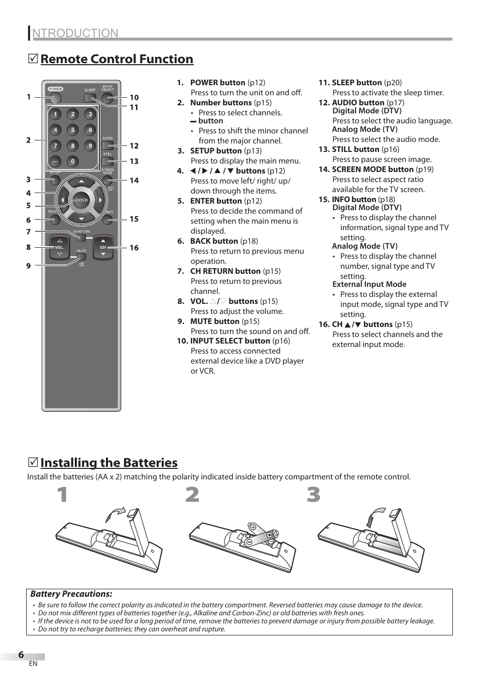 Ntroduction, Remote control function 5, Installing the batteries | Sylvania LC320SL8 User Manual | Page 6 / 36