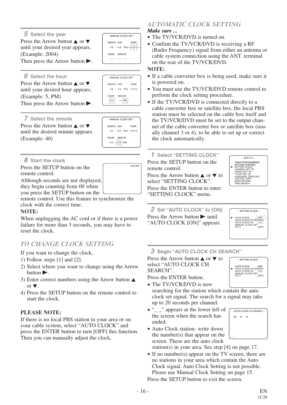 Automatic clock setting, 16 - en, Make sure | The tv/vcr/dvd is turned on | Sylvania 27 inch 6727DE User Manual | Page 16 / 56