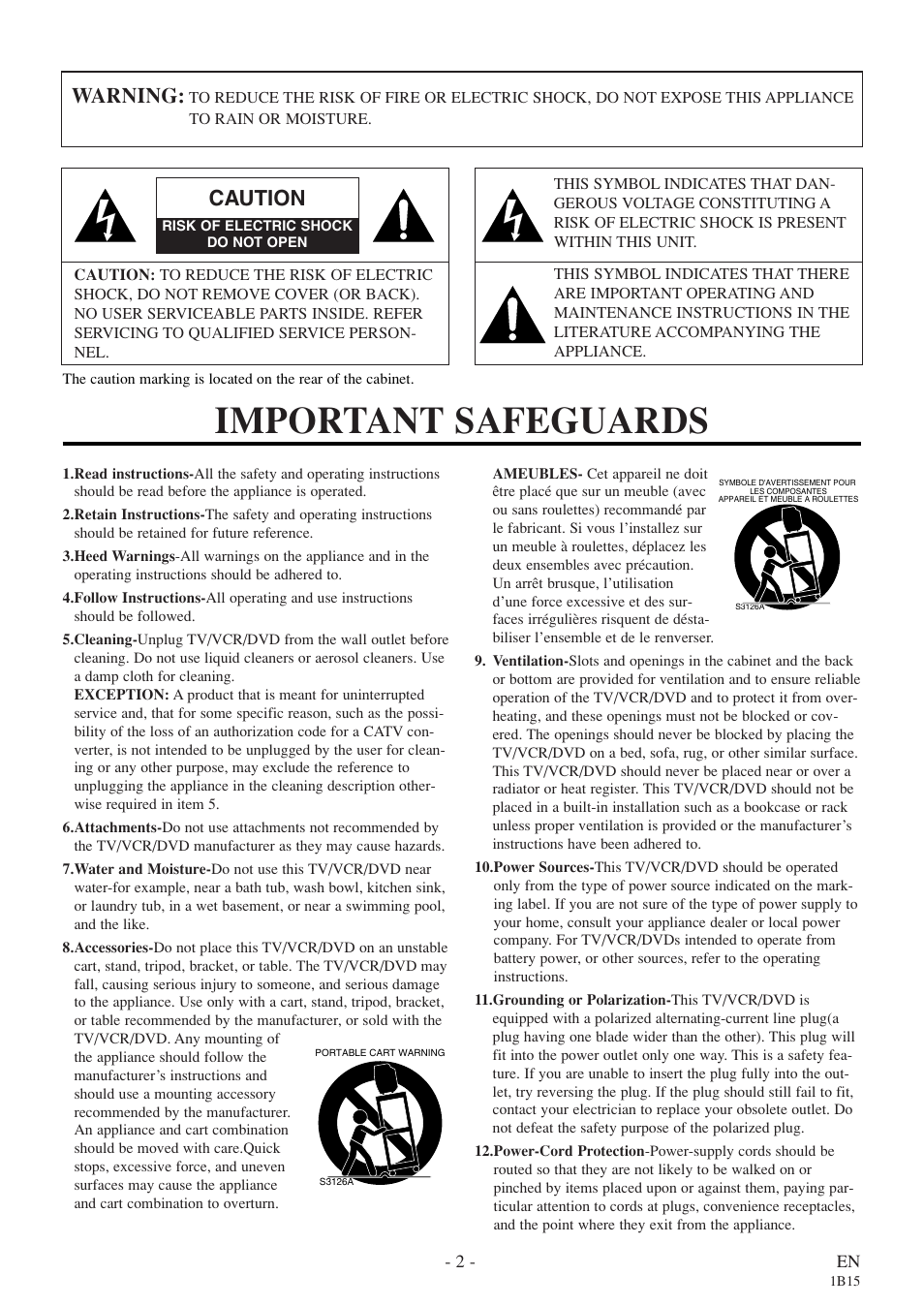 Important safeguards, Warning, Caution | Sylvania 27 inch 6727DE User Manual | Page 2 / 56