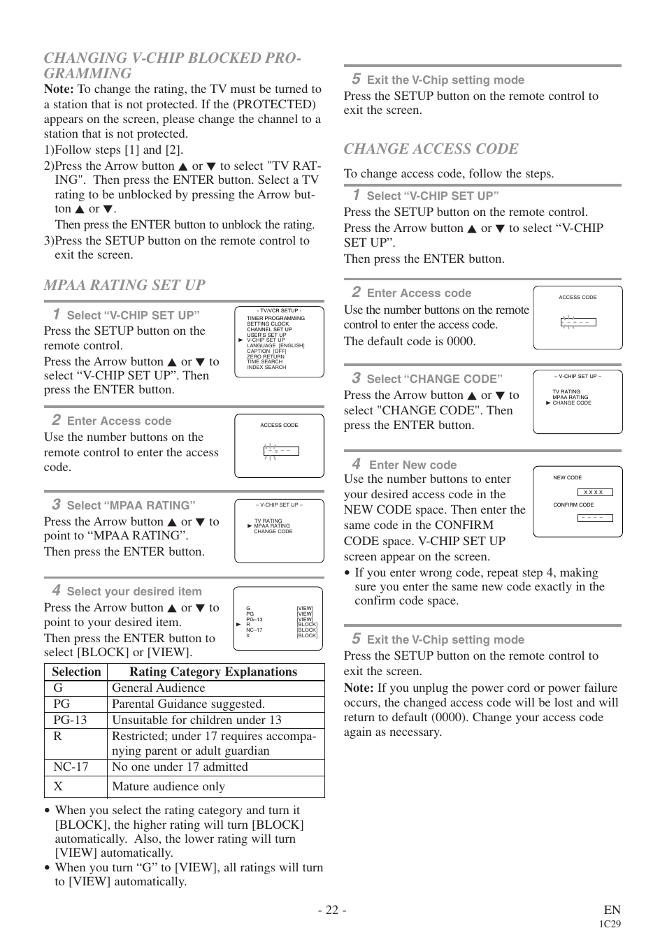 Changing v-chip blocked pro- gramming, Mpaa rating set up 1, Change access code | Sylvania 27 inch 6727DE User Manual | Page 22 / 56