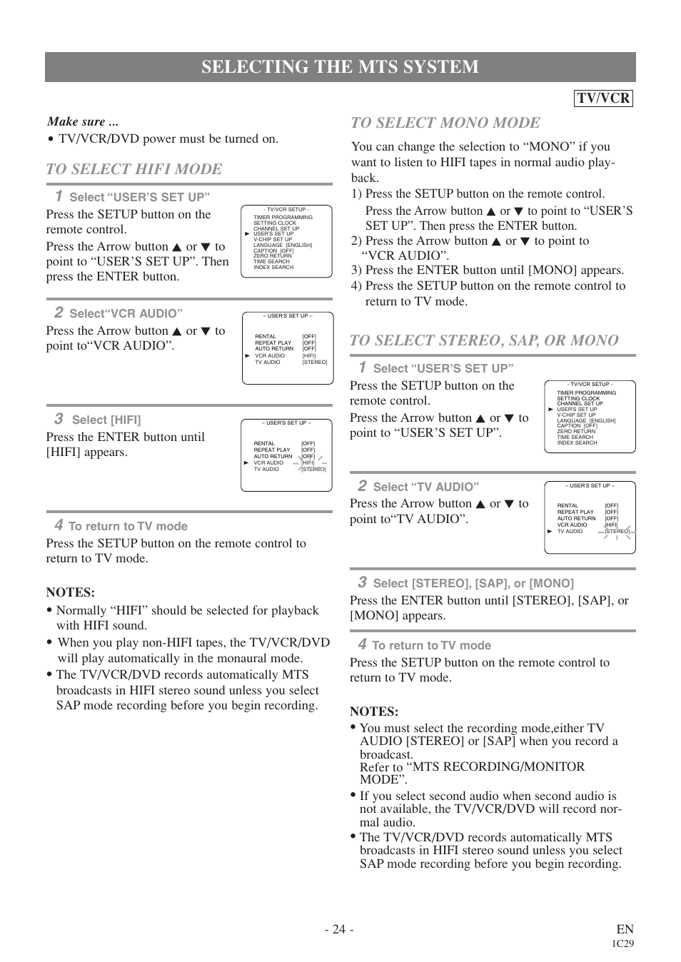 Selecting the mts system, Tv/vcr, 24 - en | Make sure, Tv/vcr/dvd power must be turned on, Press the enter button until [hifi] appears, Press the arrow button k or l to point to“tv audio | Sylvania 27 inch 6727DE User Manual | Page 24 / 56