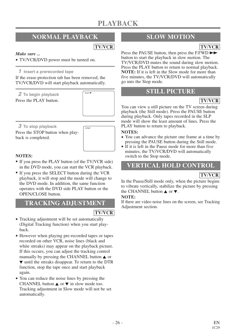 Playback, Normal playback, Tracking adjustment | Still picture, Vertical hold control, Slow motion | Sylvania 27 inch 6727DE User Manual | Page 26 / 56