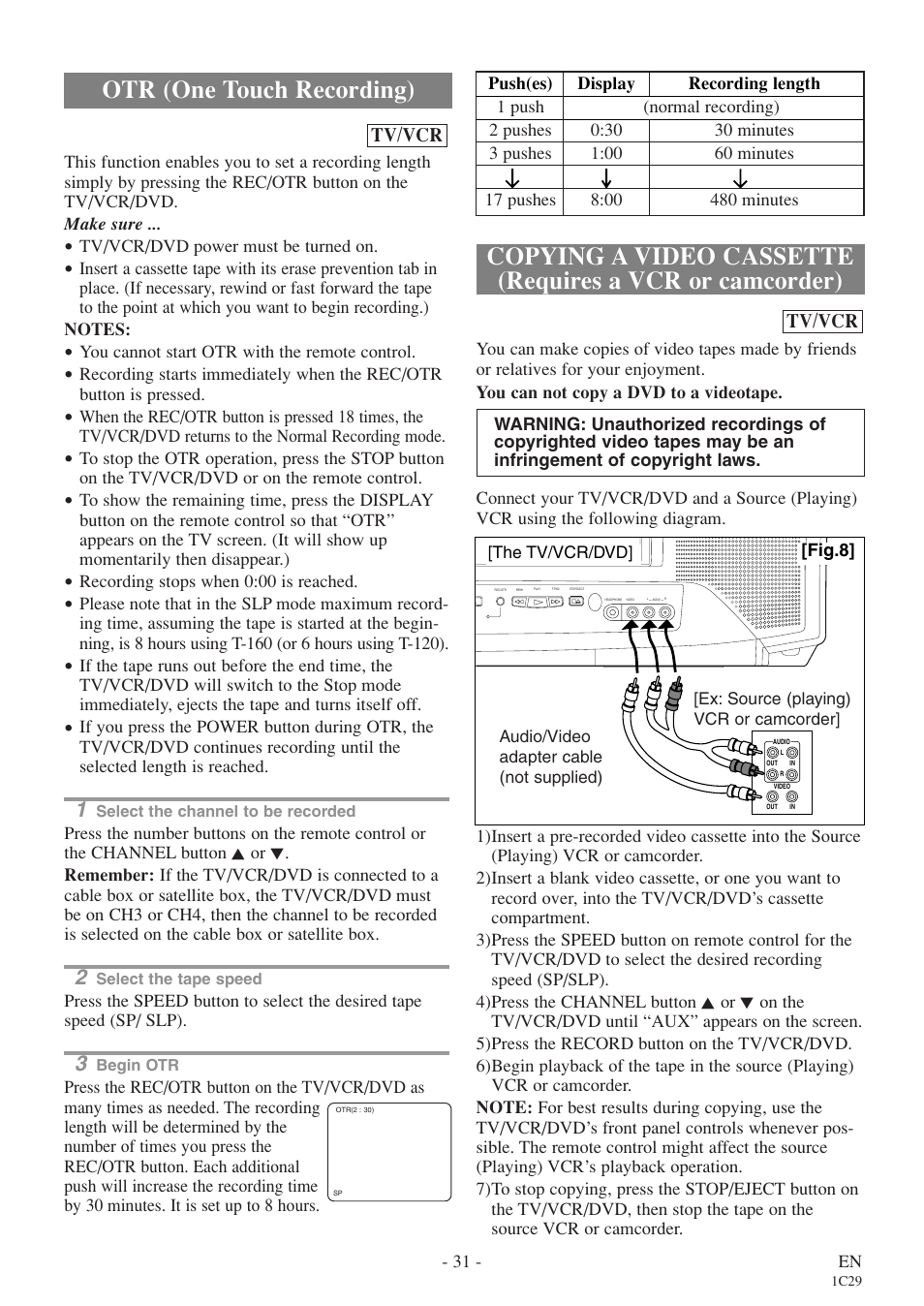 Otr (one touch recording), Tv/vcr | Sylvania 27 inch 6727DE User Manual | Page 31 / 56