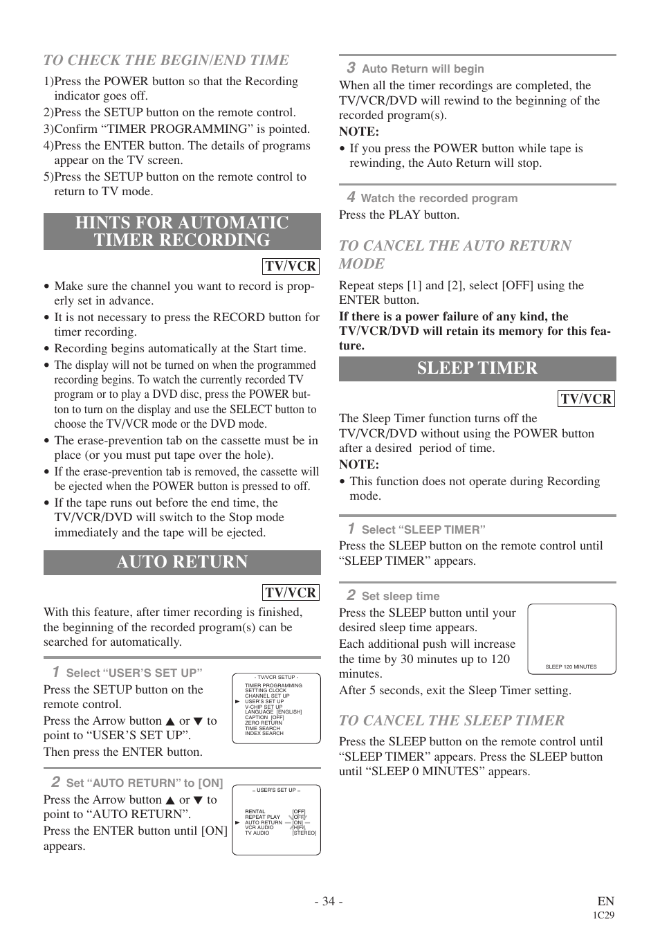 Hints for automatic timer recording, Auto return, Sleep timer | Sylvania 27 inch 6727DE User Manual | Page 34 / 56