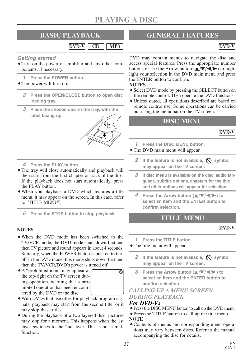 Playing a disc, Basic playback, General features | Title menu, Disc menu | Sylvania 27 inch 6727DE User Manual | Page 37 / 56