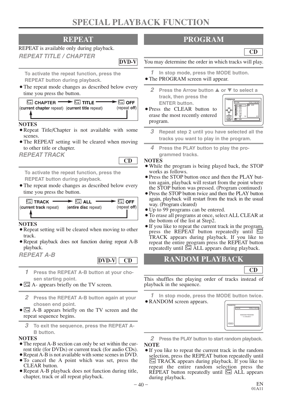 Special playback function, Repeat, Program | Random playback | Sylvania 27 inch 6727DE User Manual | Page 40 / 56