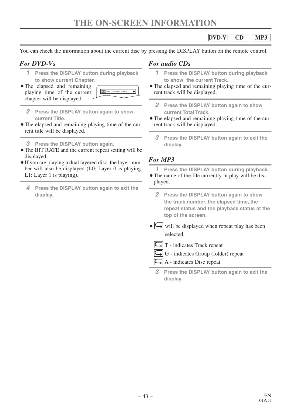 The on-screen information, For dvd-vs, For audio cds | For mp3 | Sylvania 27 inch 6727DE User Manual | Page 43 / 56