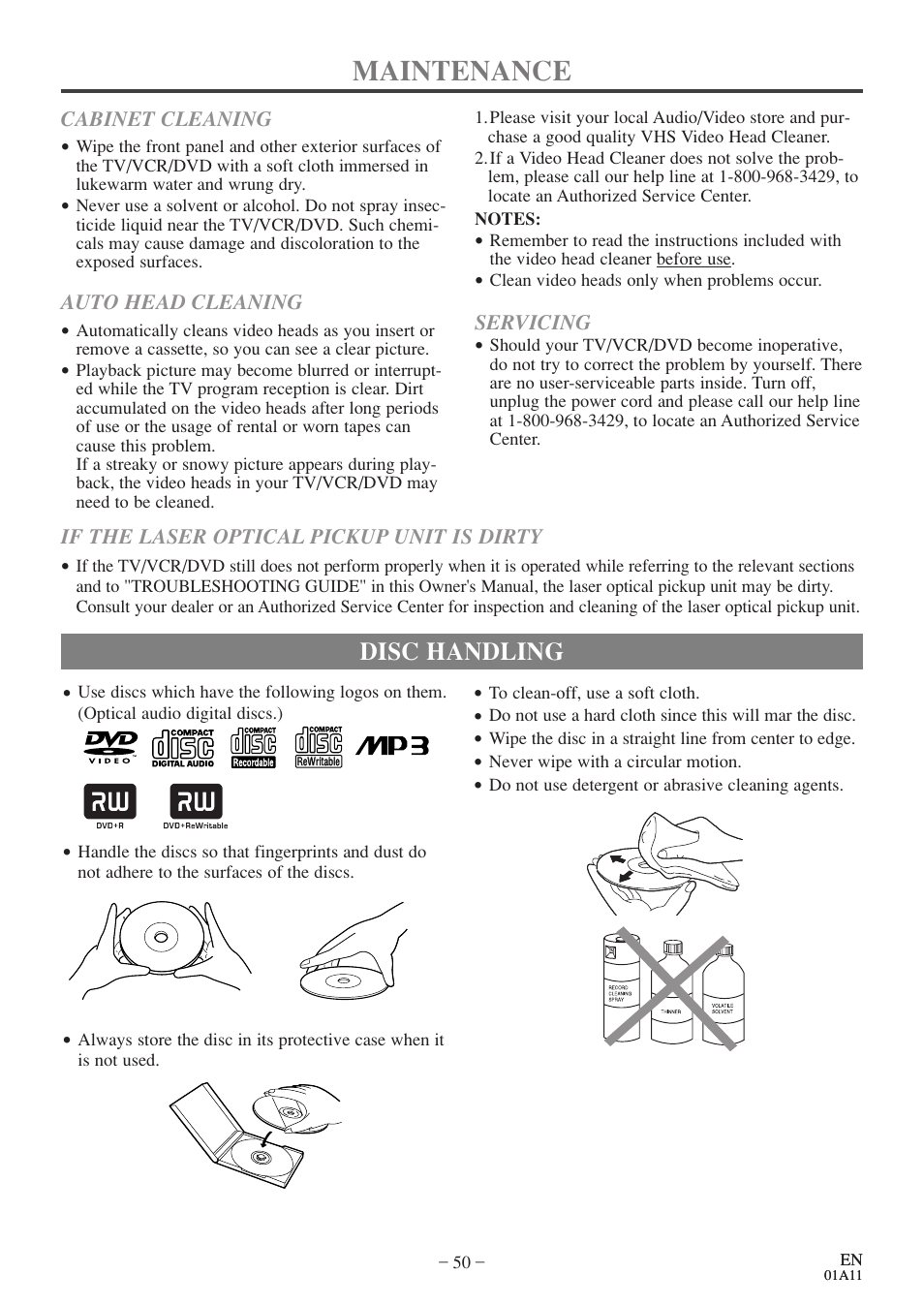 Maintenance, Disc handling | Sylvania 27 inch 6727DE User Manual | Page 50 / 56