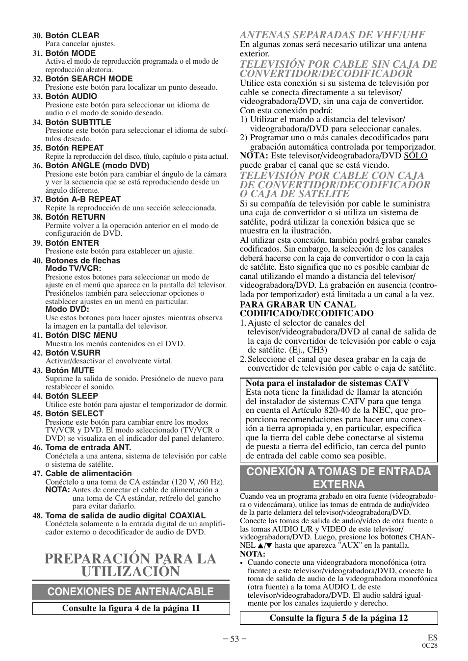 Preparación para la utilización, Conexión a tomas de entrada externa | Sylvania 27 inch 6727DE User Manual | Page 53 / 56