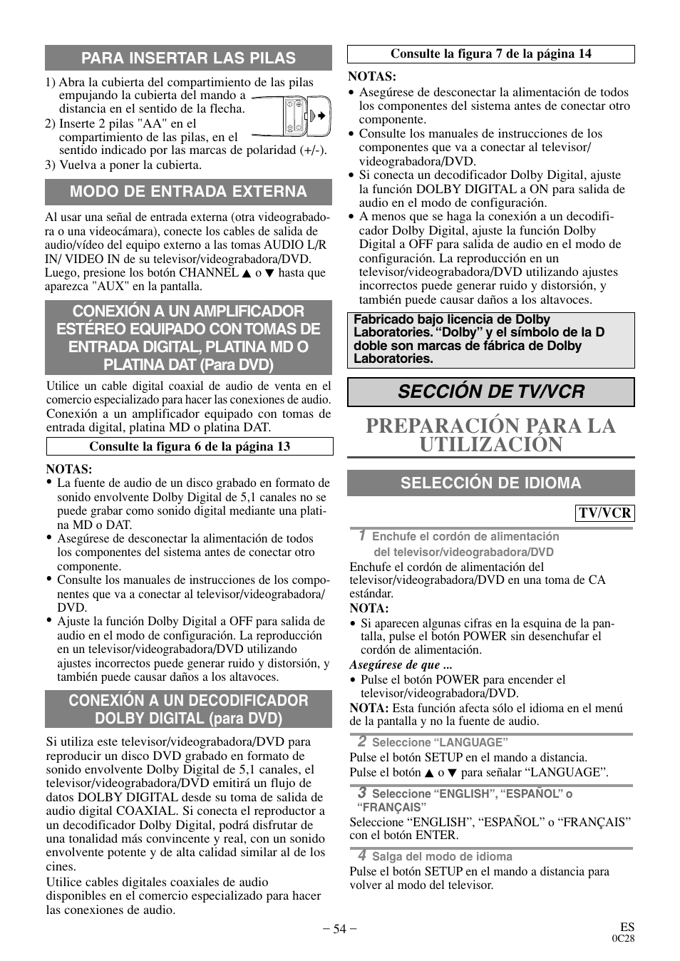 Preparación para la utilización, Sección de tv/vcr | Sylvania 27 inch 6727DE User Manual | Page 54 / 56