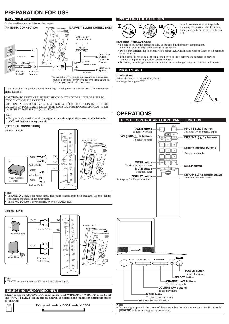 Preparation for use, Operations, Menu y volume x l channel k select power | Sylvania 6615LF4 User Manual | Page 2 / 8
