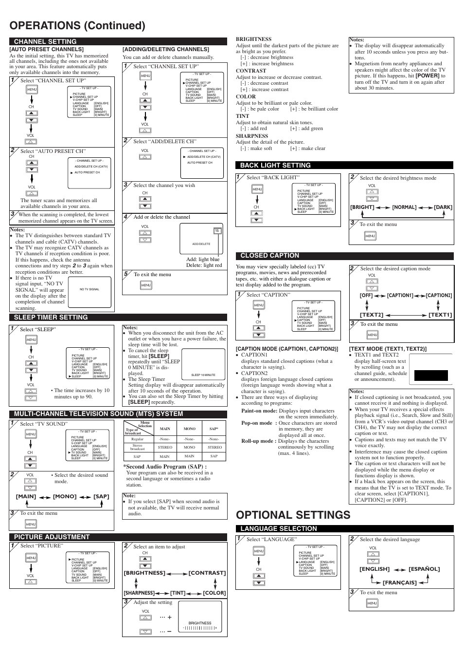 Operations (continued) optional settings, Picture adjustment, Channel setting | Language selection, Multi-channel television sound (mts) system, Closed caption back light setting, Sleep timer setting | Sylvania 6615LF4 User Manual | Page 3 / 8