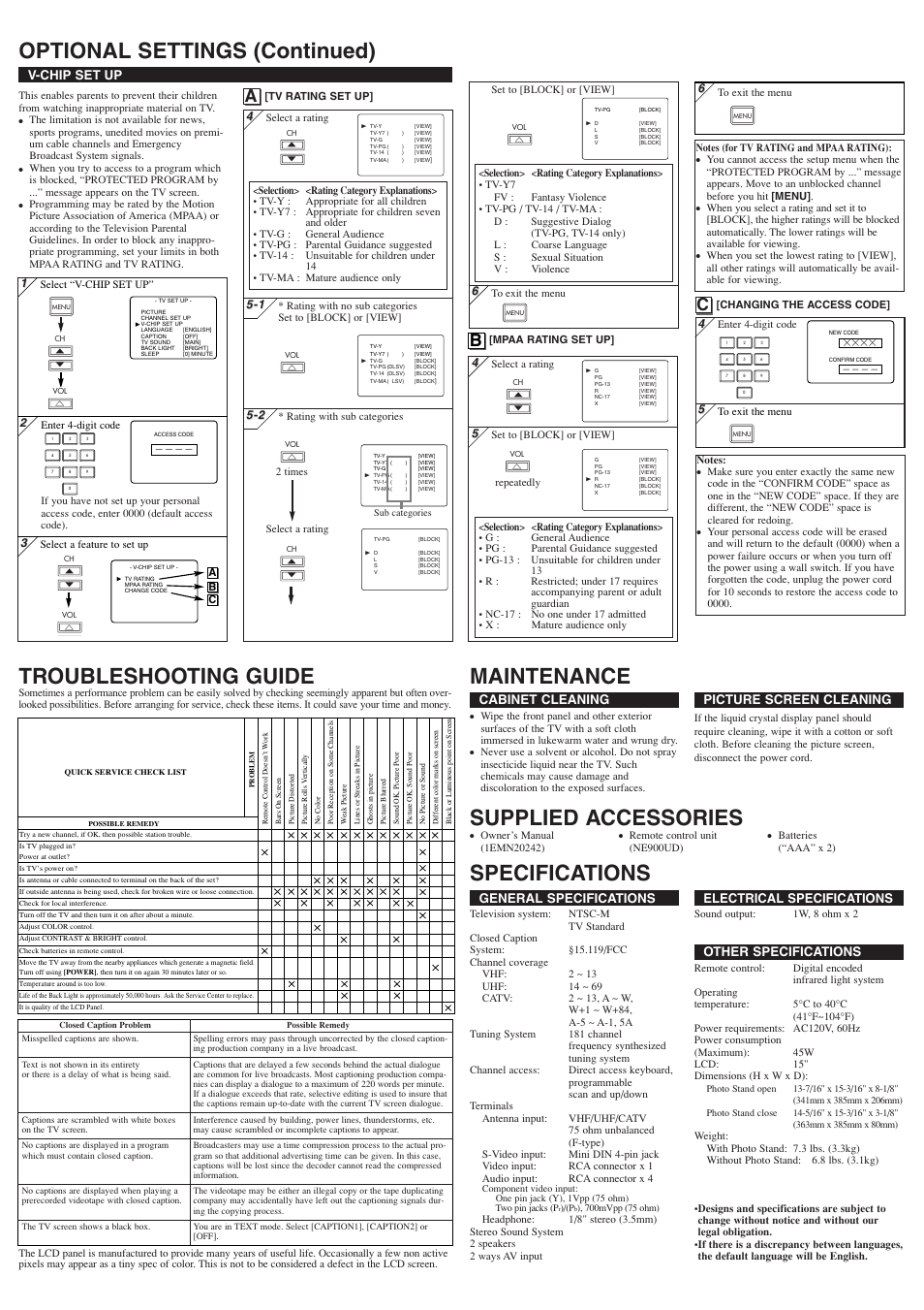 Supplied accessories, General specifications, Electrical specifications | Other specifications, Cabinet cleaning, Picture screen cleaning, V-chip set up | Sylvania 6615LF4 User Manual | Page 4 / 8