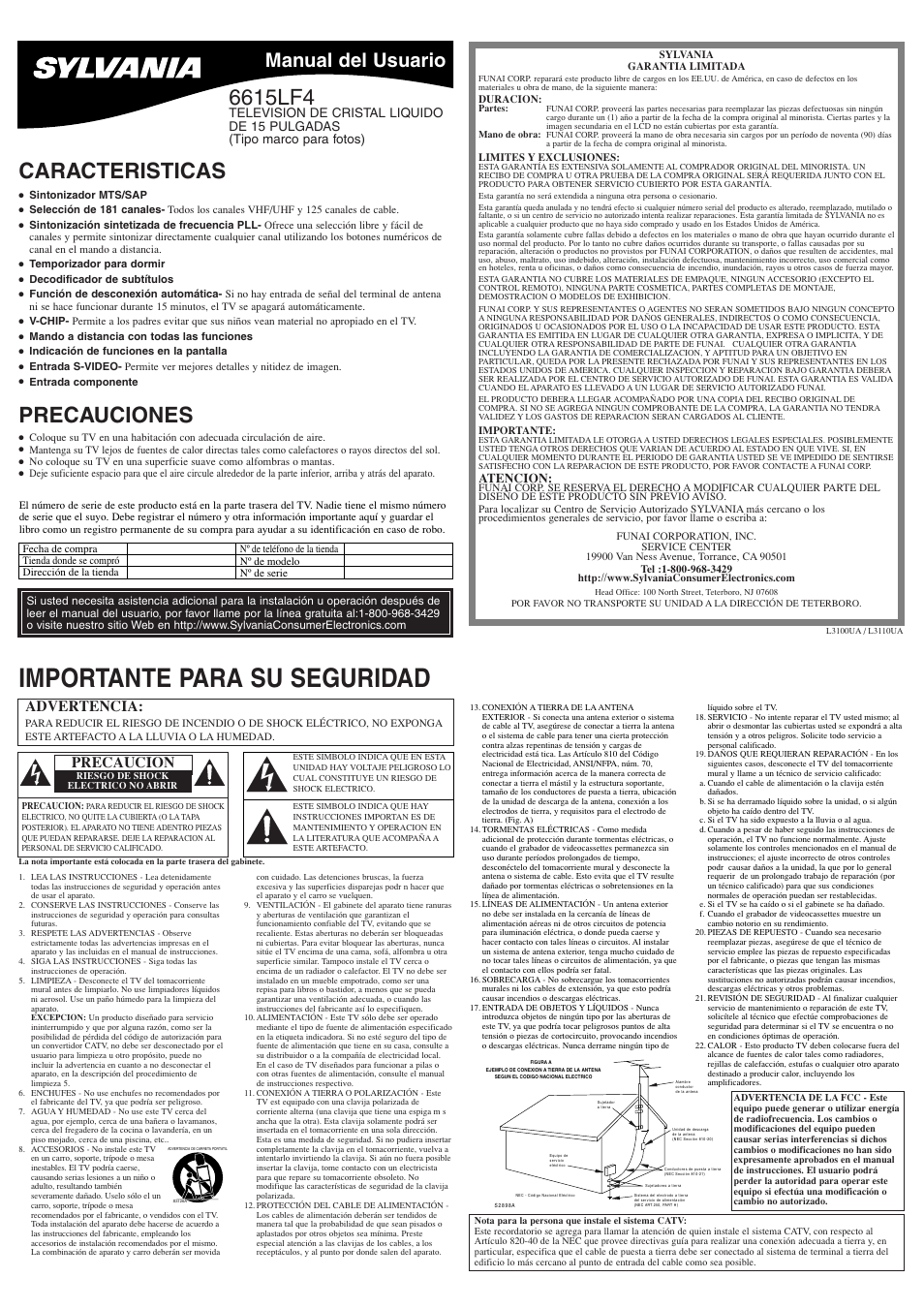 Importante para su seguridad, Caracteristicas, Precauciones | Manual del usuario, Advertencia, Precaucion, Atencion | Sylvania 6615LF4 User Manual | Page 5 / 8