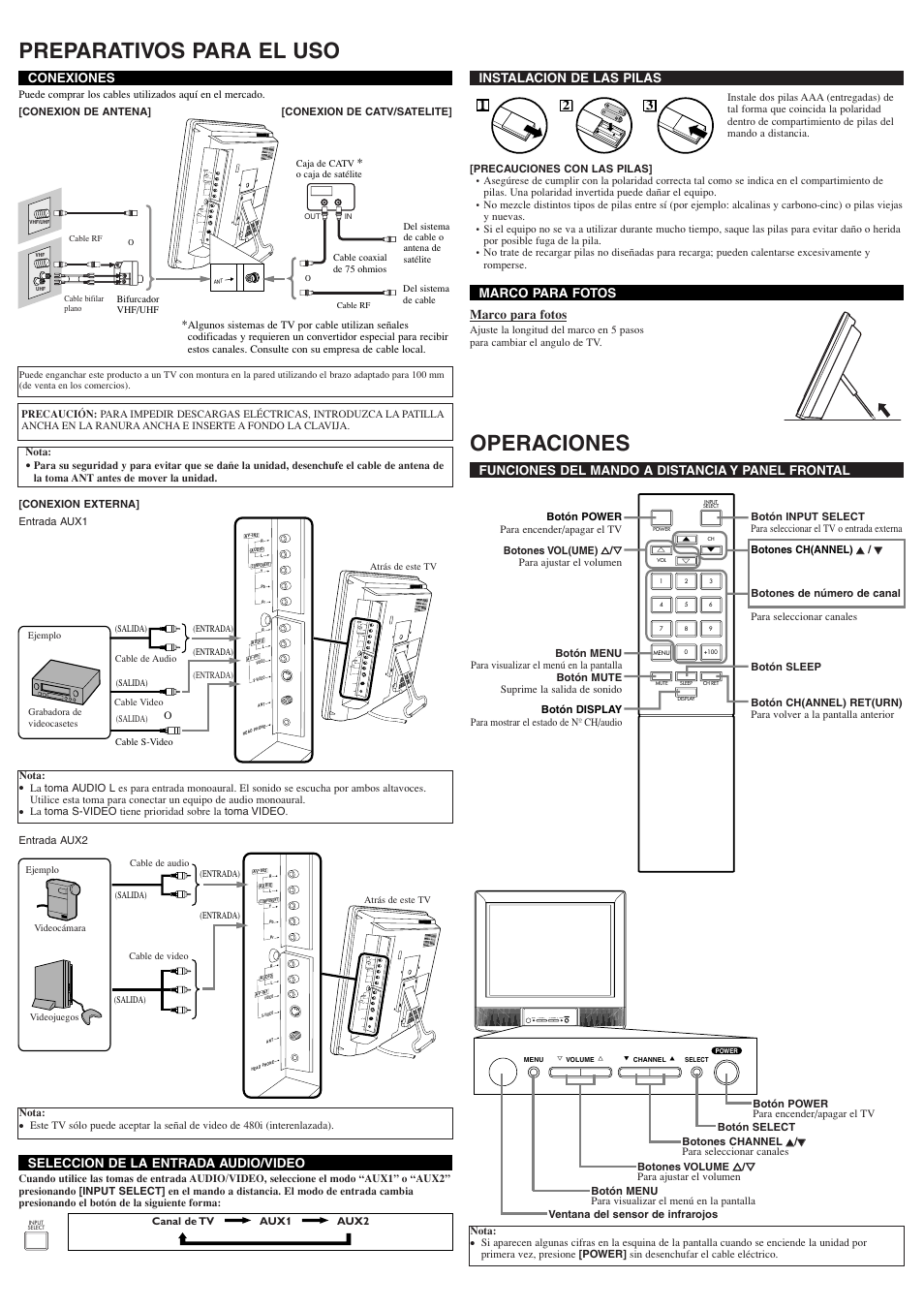 Preparativos para el uso, Operaciones, Menu y volume x l channel k select power | Sylvania 6615LF4 User Manual | Page 6 / 8