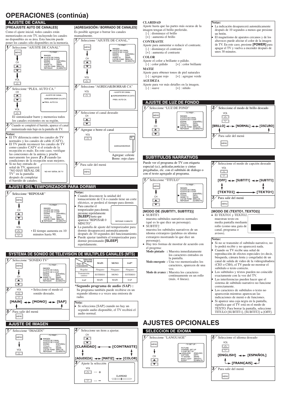 Operaciones (continúa) ajustes opcionales, Ajuste de imagen, Ajuste de canal | Seleccion de idioma, Subtitulos narrativos, Ajuste de luz de fondo, Ajuste del temporizador para dormir | Sylvania 6615LF4 User Manual | Page 7 / 8