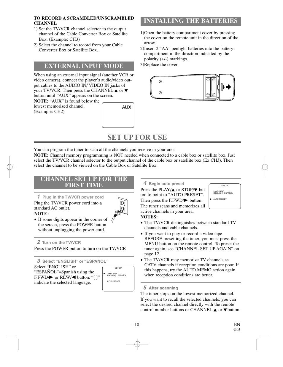 Set up for use, Installing the batteries, Channel set up for the first time | External input mode | Sylvania SSC132 User Manual | Page 10 / 32