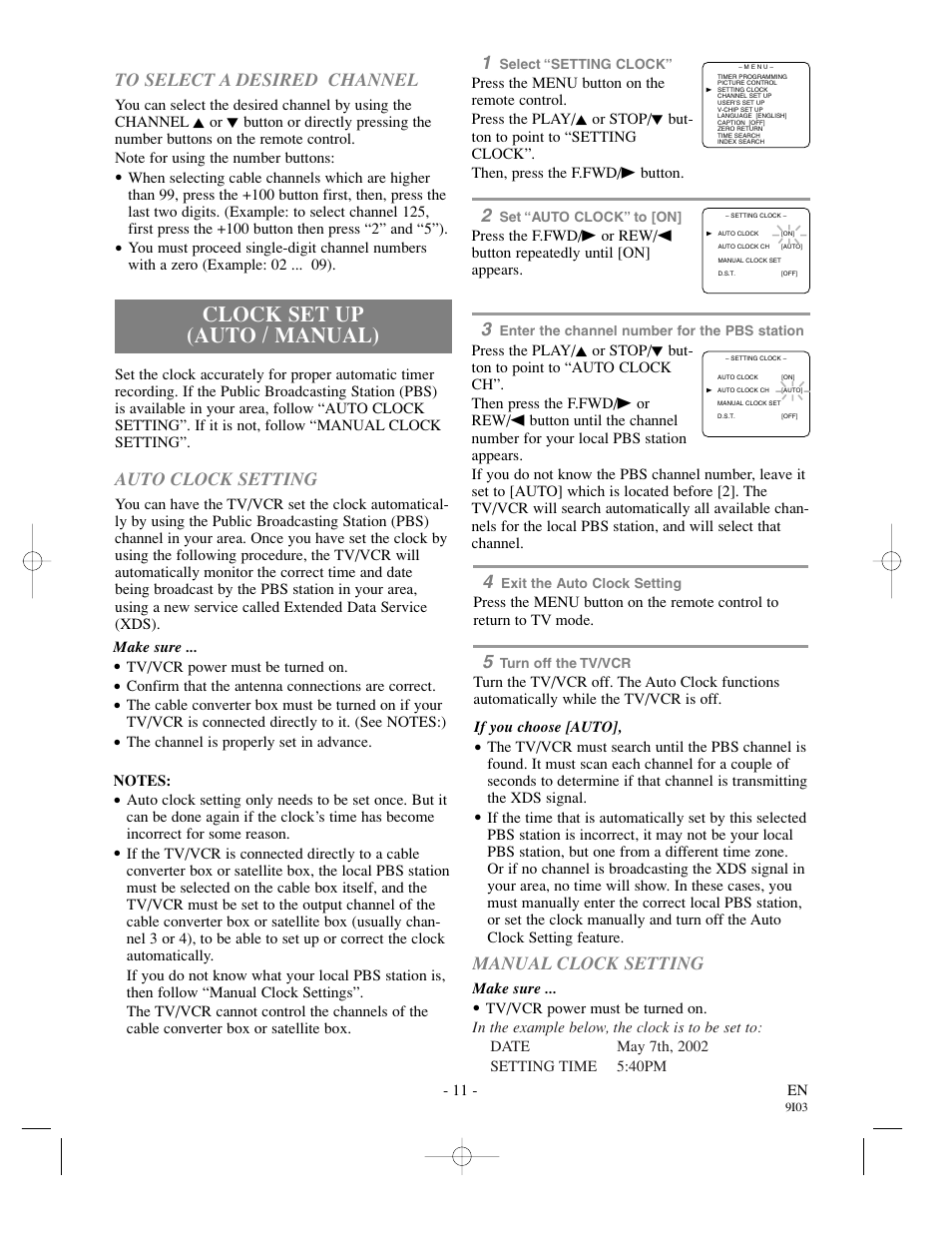 Clock set up (auto / manual), Auto clock setting, Manual clock setting | Sylvania SSC132 User Manual | Page 11 / 32