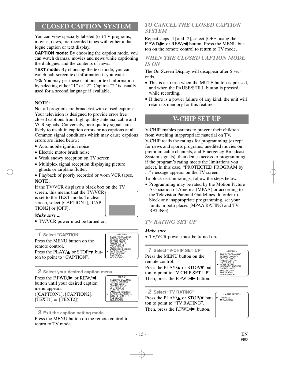 Closed caption system, V-chip set up, When the closed caption mode is on | Tv rating set up | Sylvania SSC132 User Manual | Page 15 / 32