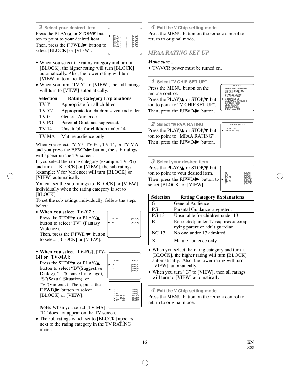 Mpaa rating set up, 16 - en, Make sure | Tv/vcr power must be turned on | Sylvania SSC132 User Manual | Page 16 / 32